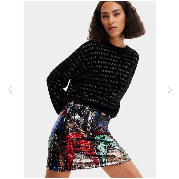 Desigual Mini Skirt Disco Multicolored Sequins Side Zip Fully Lined Size XL - Picture 1 of 9